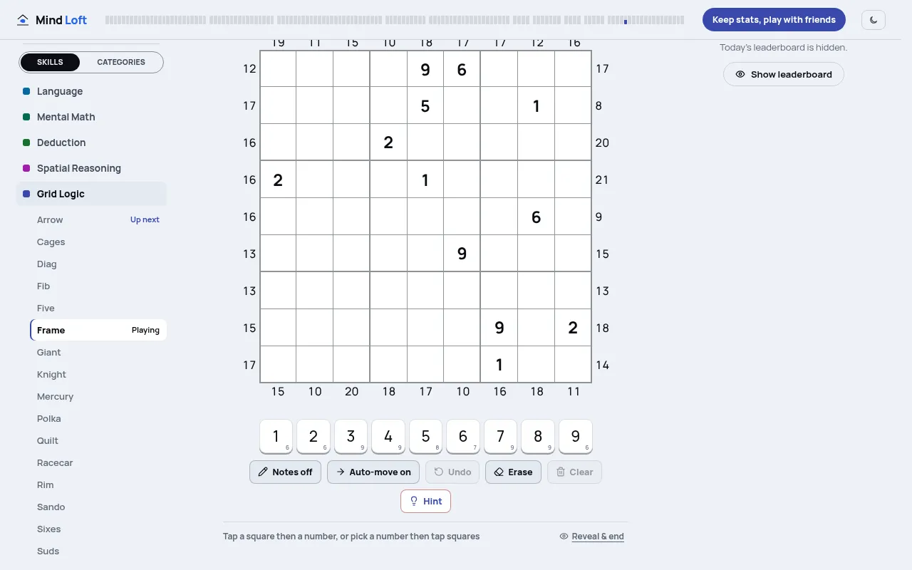 Frame at desktop size, 20 Oct 2026: today's 9x9 board with its edge sums, the number pad and Hint, beside Mind Loft's list of Grid Logic games