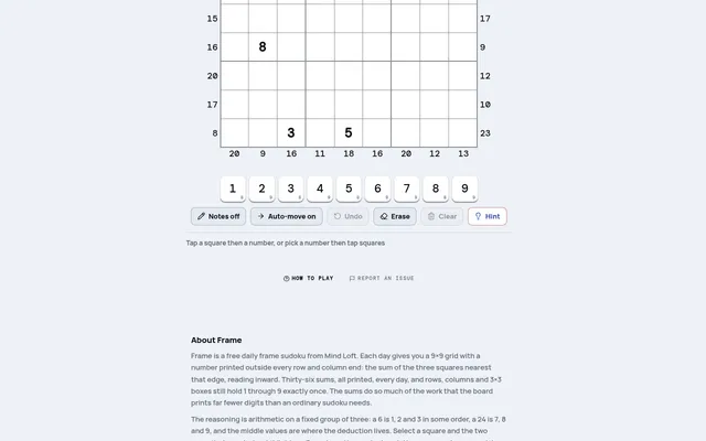 Frame sudoku on mindloftdaily.com: the lower rows of a 9x9 grid with sums printed outside each row and column end, three printed digits, and the number pad with Notes and Hint