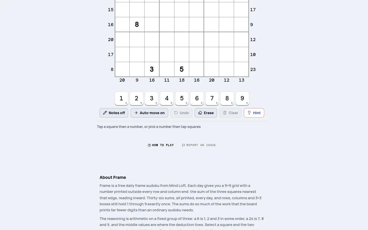 Frame sudoku on mindloftdaily.com: the lower rows of a 9x9 grid with sums printed outside each row and column end, three printed digits, and the number pad with Notes and Hint
