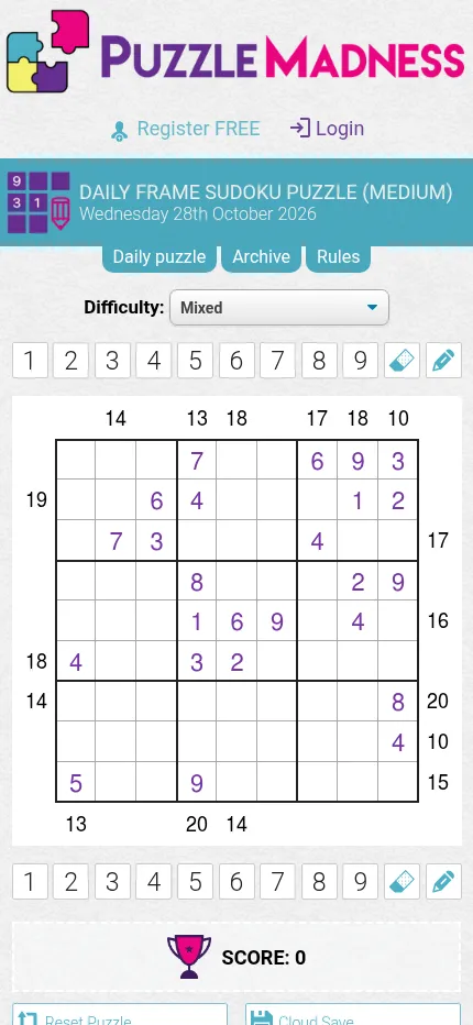 The Mixed Frame Sudoku page on a phone for 28 October 2026, labelled Medium, with number buttons above and below a framed grid of purple givens