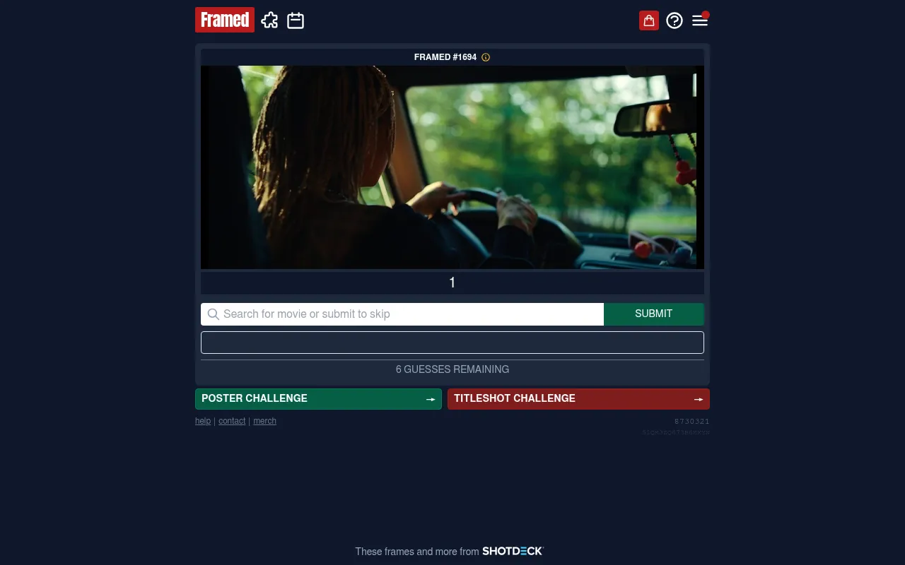 Framed #1694 on 30 October 2026: the first frame of the day's film, a woman driving through woods, above the guess box with six guesses left