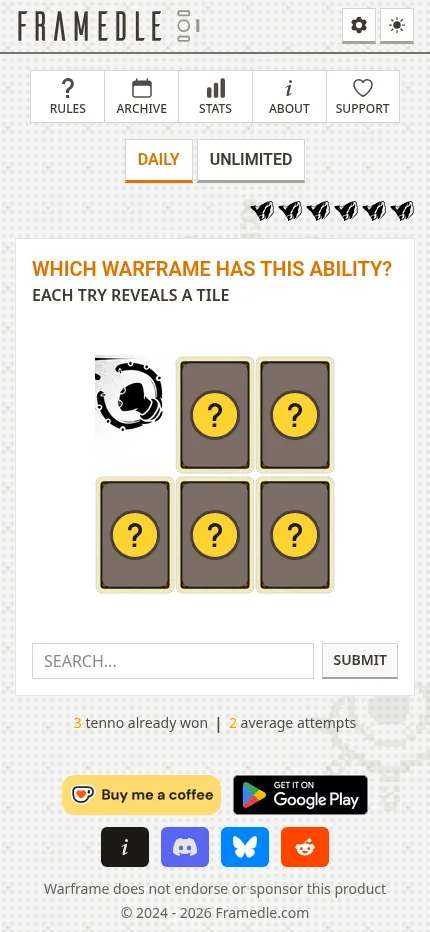 Framedle Ability daily at phone size: one tile of a Warframe ability icon shown and five face-down tiles, with a search box to guess the frame