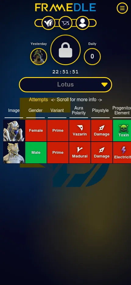 FrameDle on a phone, with two Prime guesses in the clue table and a hint to scroll sideways for more columns