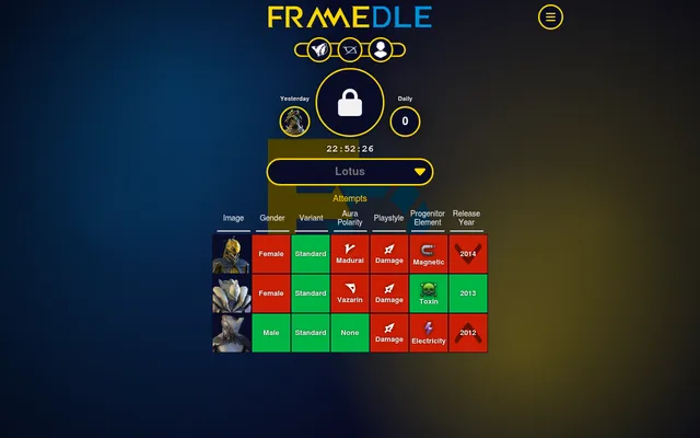 Today's FrameDle Warframe board on desktop, three guesses checked against gender, variant, aura polarity, playstyle, progenitor element and release year
