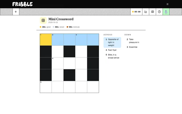 fribble's Mini Crossword for 22 October 2026: an empty 5x5 grid with across and down clues and gold, silver and bronze time targets