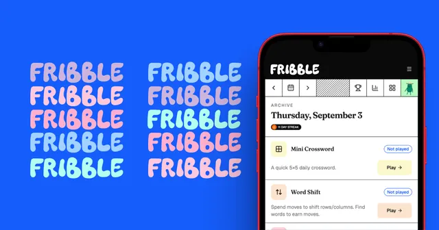 fribble banner beside a phone showing a dated daily list with Mini Crossword and Word Shift