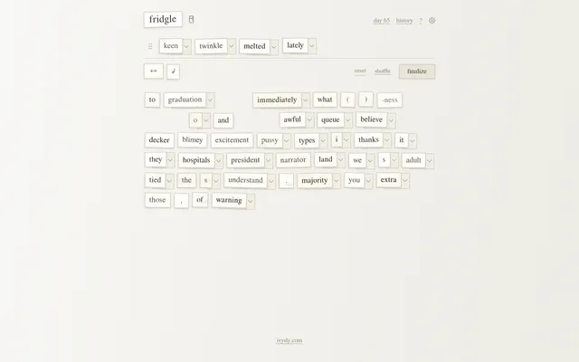 Fridgle day 65 on a desktop: the words keen, twinkle, melted and lately placed in the poem line above rows of magnet-style word tiles, with reset, shuffle and finalize