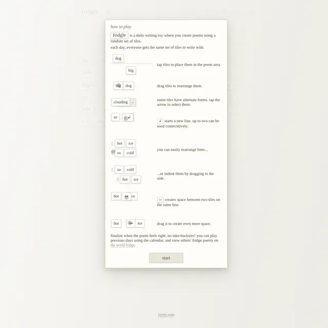 Fridgle how to play panel showing word tiles being placed, rearranged and spaced into a poem