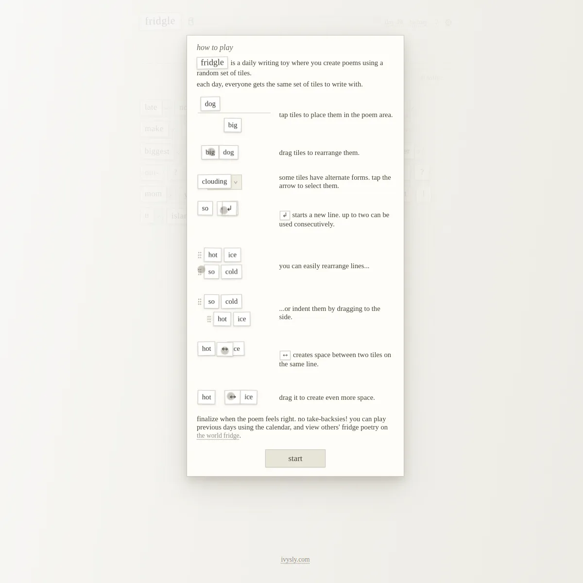 Fridgle how to play panel showing word tiles being placed, rearranged and spaced into a poem