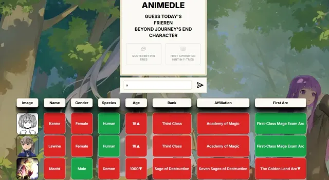 Frierendle: Guess today's Frieren: Beyond Journey's End character, with guesses for Kanne, Lawine and Macht showing tiles for gender, species, age, rank, affiliation and first arc