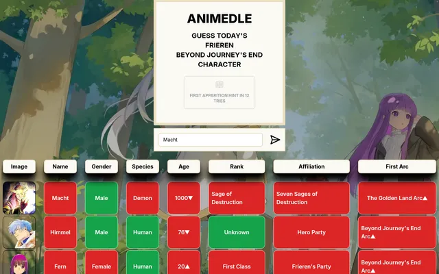 Today's Frierendle board on 27 October 2026 with guesses for Fern, Himmel and Macht, their gender, species, age, rank, affiliation and first arc tiles in green and red with arrows