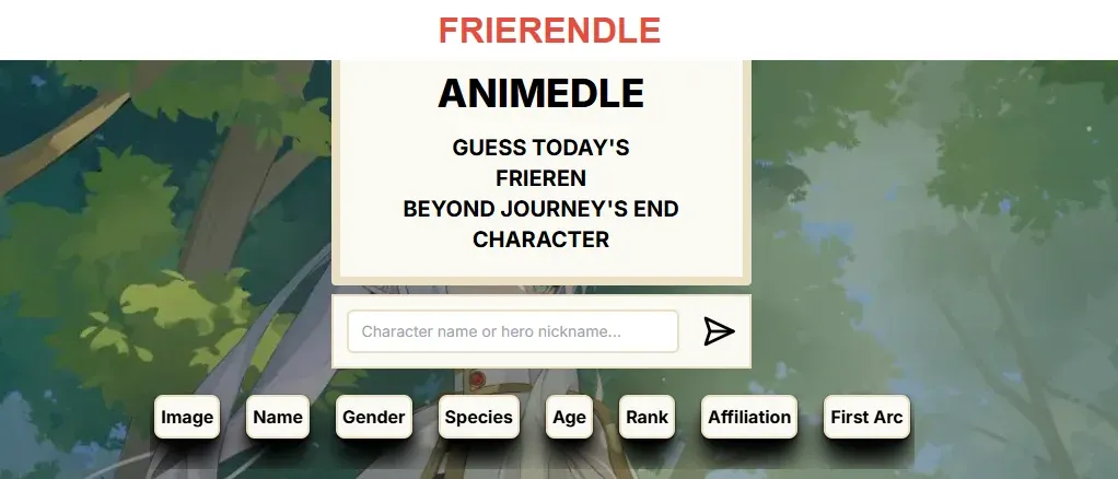 The Frierendle start screen with a character name box and the attribute columns over Frieren art