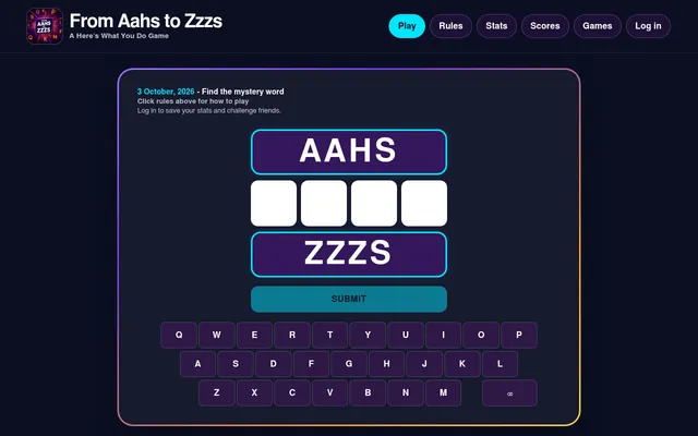 The From Aahs to Zzzs puzzle for 3 October 2026: four empty letter boxes between the bounds AAHS and ZZZS, a Submit button and an on-screen keyboard