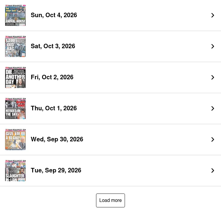 The Front Cover Jigsaw Puzzle's date picker: a list of daily puzzles from Sun, Oct 4 back to Tue, Sep 29, 2026, each with a thumbnail of that day's New York Post front page, and a Load more button