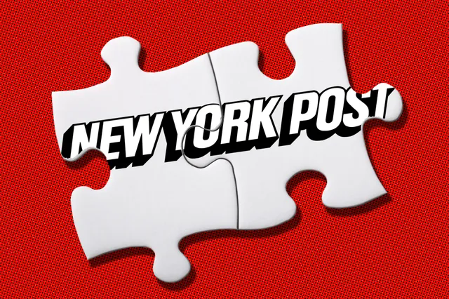 Four white jigsaw pieces printed with the New York Post logo on a red background