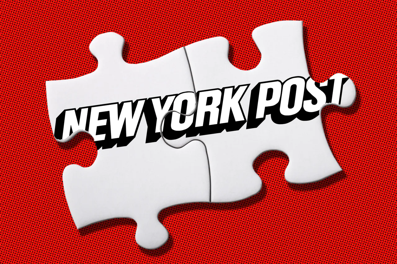 Four white jigsaw pieces printed with the New York Post logo on a red background
