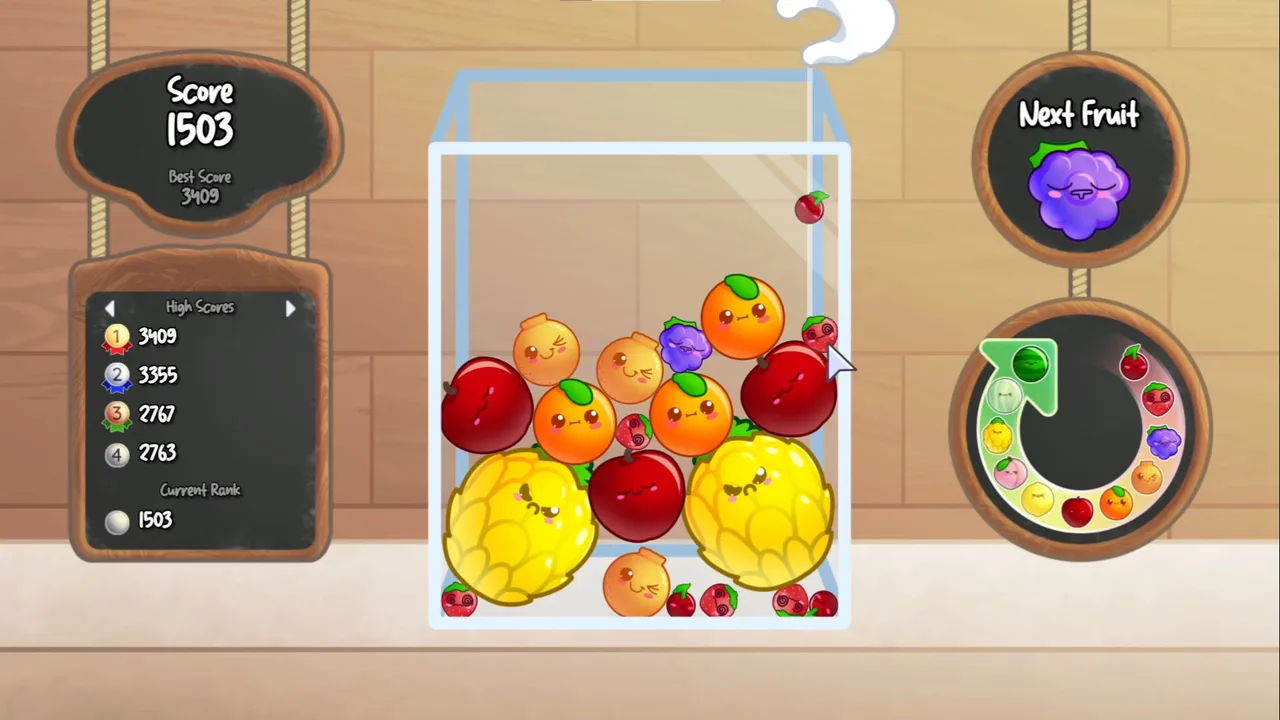 Fruit Salad: a glass container filling with smiling oranges, apples and pineapples, a score of 1503, high scores and the next fruit, a grape