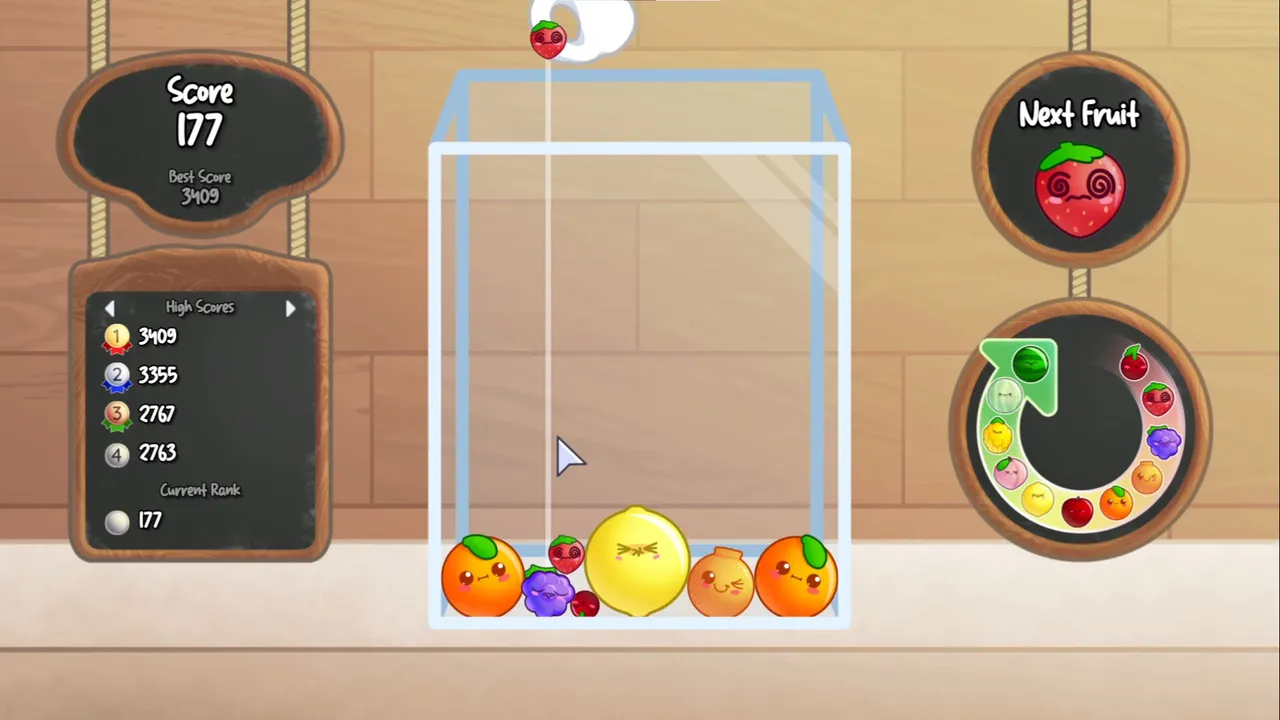 Fruit Salad early in a game: a few fruits at the bottom of the container, a cherry about to drop, and the fruit evolution wheel
