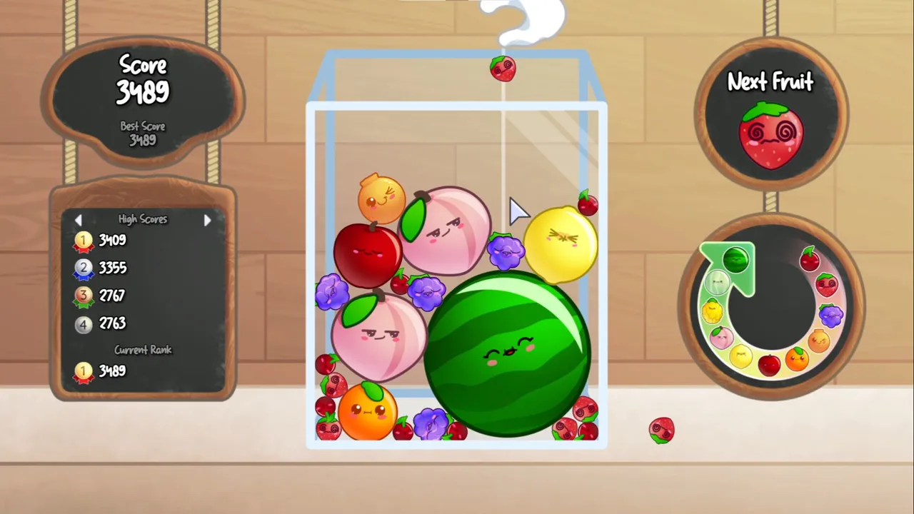 Fruit Salad with a big watermelon at the bottom of the container, peaches, apples and grapes around it, and a score of 3489
