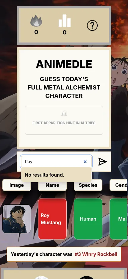 Fullmetalalchemistdle at phone size: the streak panel, the hint card, the name box, a Roy Mustang guess row scrolling sideways and yesterday's #3 Winry Rockbell below