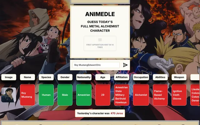 Today's Fullmetalalchemistdle board: a guess of Roy Mustang with green tiles for Human, Male and Amestrian and red ones for age, affiliation, occupation and abilities, and yesterday's #70 Jerso below