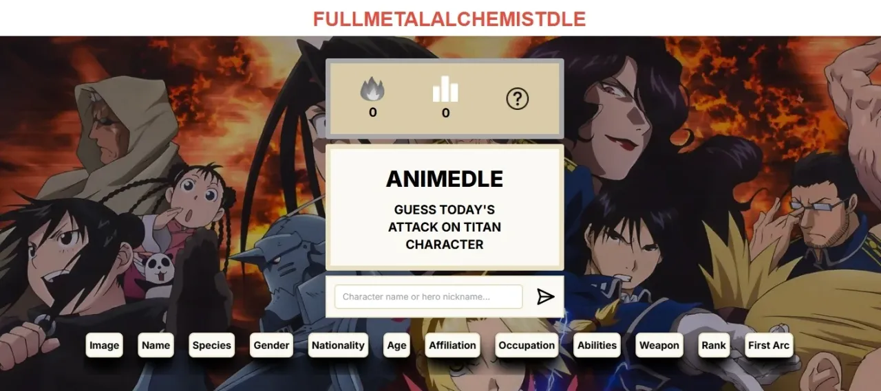 The Fullmetalalchemistdle start screen: the streak panel, a character name box and the attribute columns over Fullmetal Alchemist art