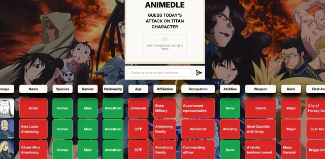 Fullmetalalchemistdle guesses for Arzen, Alex Louis Armstrong and Olivier Mira Armstrong, with tiles for species, gender, nationality, age, affiliation, occupation, abilities, weapon, rank and first a