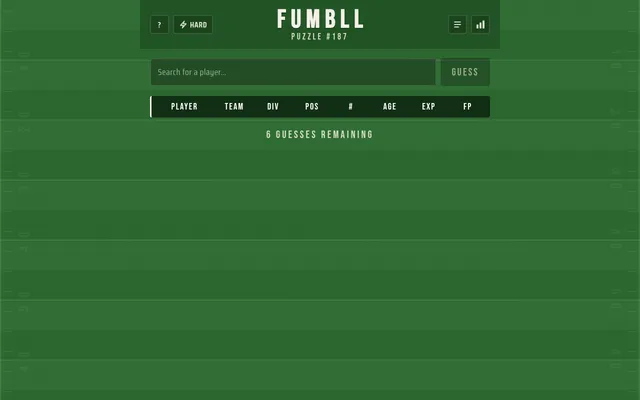 FUMBLL Puzzle #187 on a football-field background: a player search box with a Guess button above columns for player, team, division, position, number, age, experience and fantasy points, with 6 guesse
