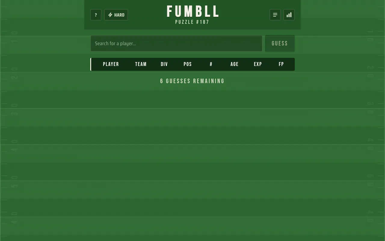 FUMBLL Puzzle #187 before a guess: a player search box with a Guess button above columns for player, team, division, position, number, age, experience and fantasy points.