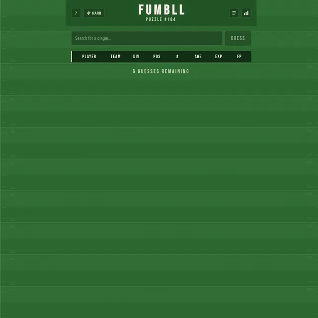 FUMBLL Puzzle #184: a Hard-mode toggle, a Search for a player box with a Guess button, column headers for Player, Team, Div, Pos, number, Age, Exp and FP, and the note 6 Guesses Remaining, over a foot