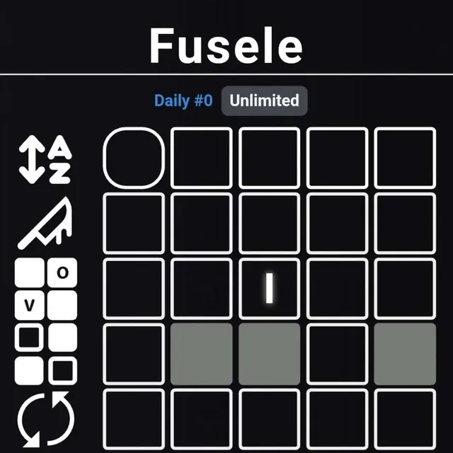 A Fusele board: five-letter rows with twist icons beside each row, and the Daily and Unlimited tabs