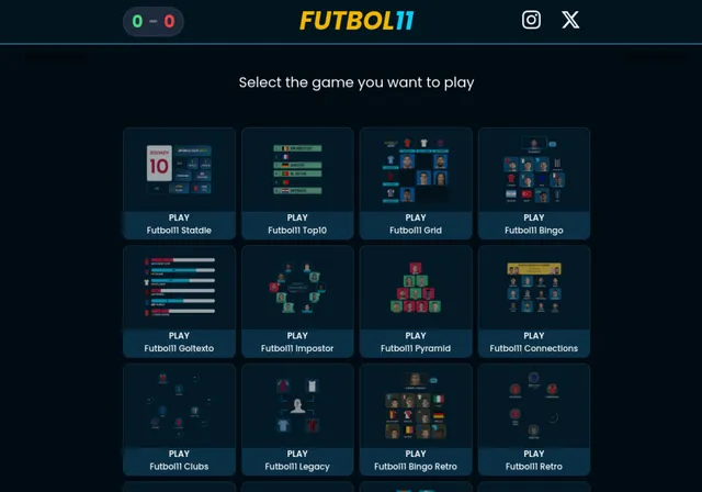 The Futbol11 game menu: Play cards with previews for Statdle, Top10, Grid, Bingo, Goltexto, Impostor, Pyramid, Connections, Clubs, Legacy, Bingo Retro and Retro