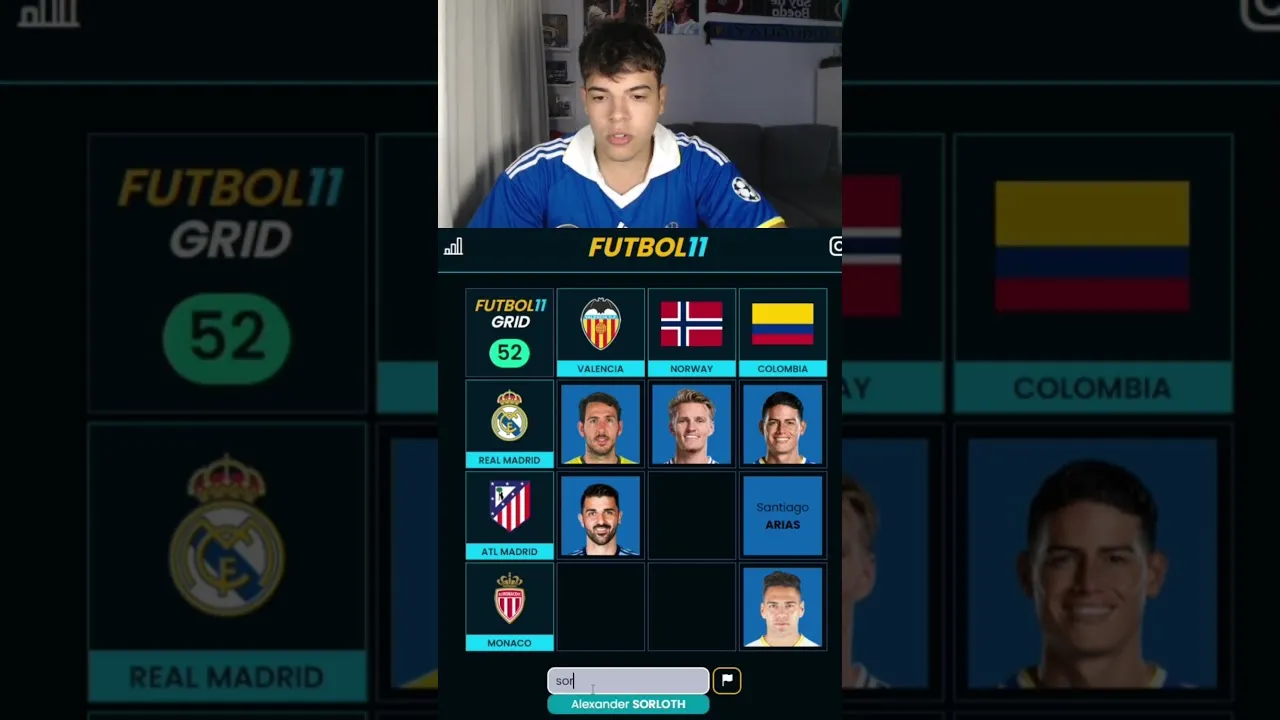 A player's video of Futbol11 Grid No. 52: a 3x3 board of clubs and countries (Valencia, Norway, Colombia by Real Madrid, Atletico, Monaco) with player photos filling the squares