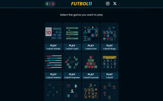 The Futbol11 game menu: Play cards with previews for Statdle, Top10, Grid, Bingo, Goltexto, Impostor, Pyramid and more