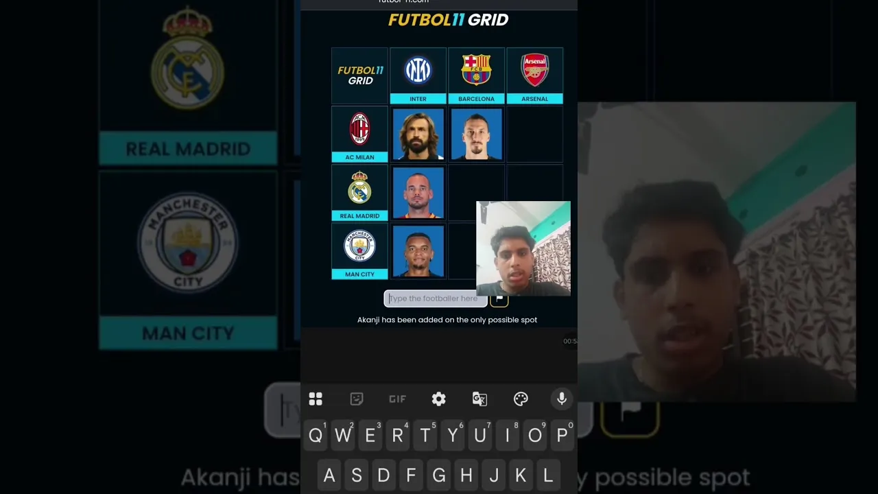 Futbol11 Grid played on a phone, from a player's video: Inter, Barcelona and Arsenal across, AC Milan, Real Madrid and Man City down, four squares filled