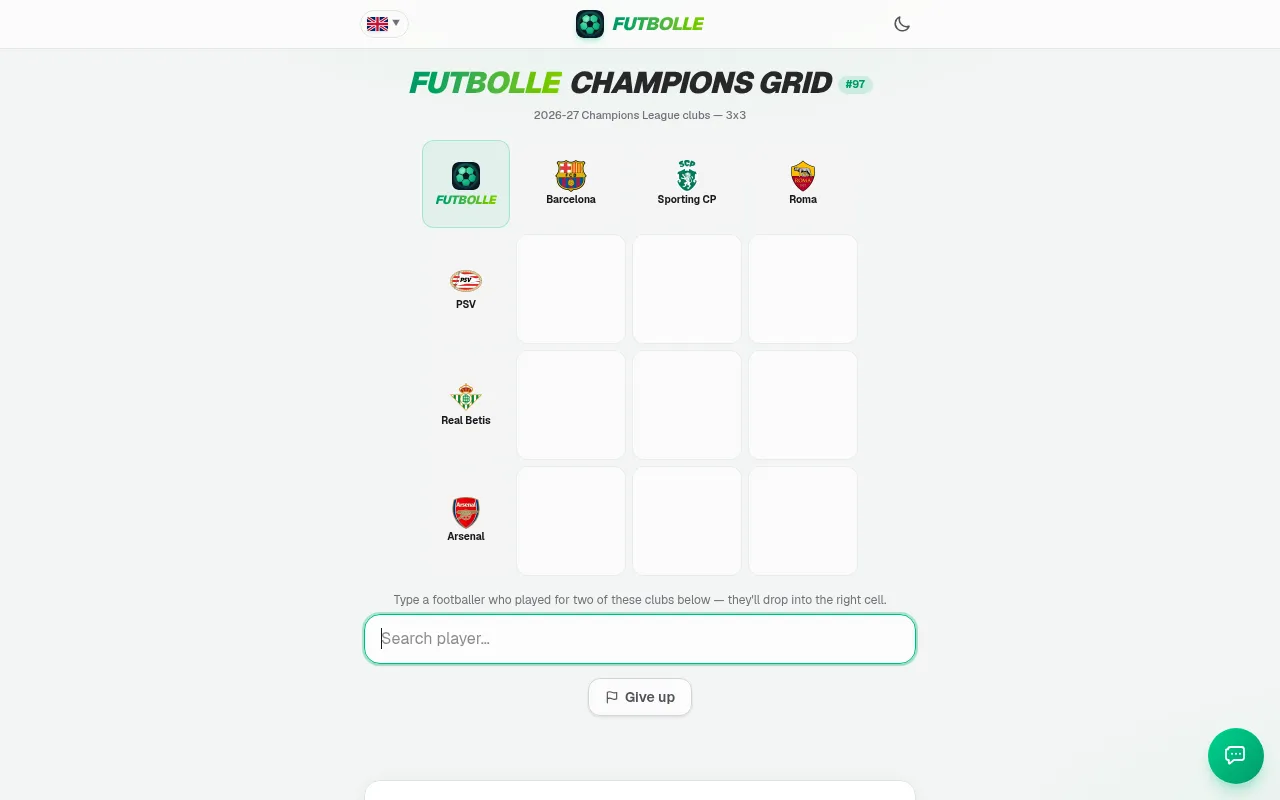 Futbolle Champions Grid #97 for 19 October 2026: an empty 3x3 board with Barcelona, Sporting CP and Roma across, PSV, Real Betis and Arsenal down, and the player search box