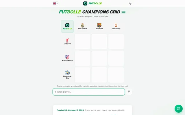 Futbolle Champions Grid #95: a 3x3 board with Real Madrid, Barcelona and Galatasaray across, Liverpool, Atletico Madrid and Manchester City down, and a player search box