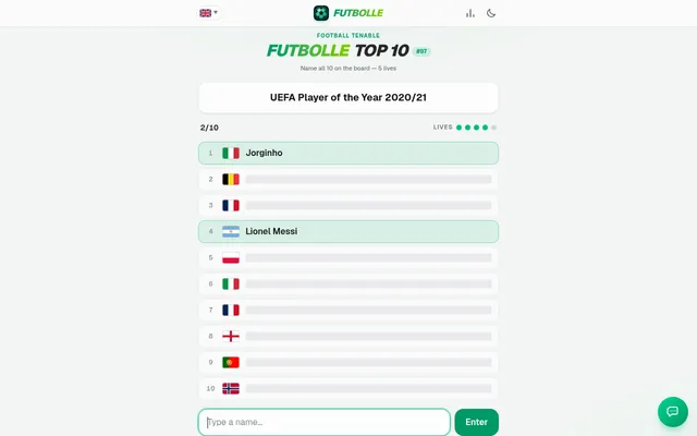 Football Top 10 puzzle #97, UEFA Player of the Year 2020/21: Jorginho and Lionel Messi found in slots 1 and 4, eight slots left with flags, one life lost