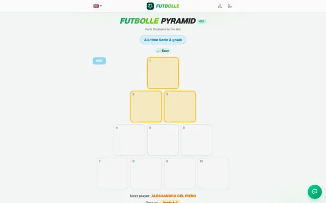 Futbolle Pyramid puzzle #95 on Easy: an empty ten-box pyramid for all-time Serie A goals, with Alessandro Del Piero as the next player to place