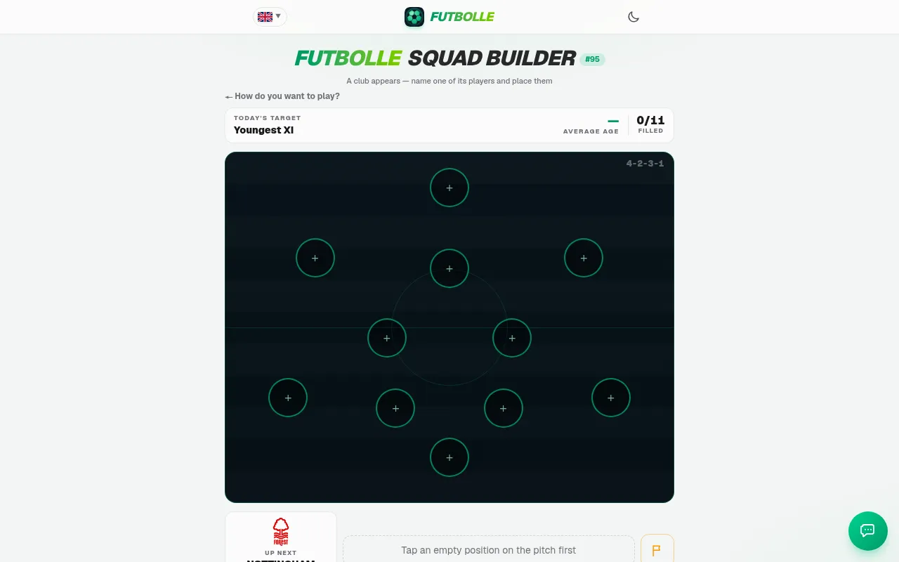 Squad Builder puzzle #95 with the Youngest XI target and an empty 4-2-3-1 pitch, Nottingham Forest up next