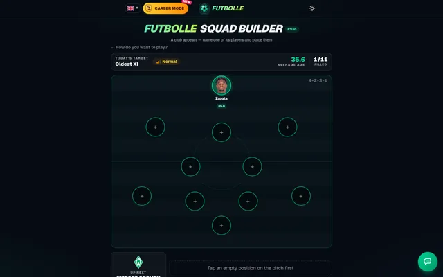 Today's board: Squad Builder #108 on Normal, target Oldest XI, Zapata of Torino placed up front at 35.6, Werder Bremen up next on a 4-2-3-1 pitch