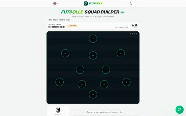 Today's board: Squad Builder #97 on Normal, target Most famous XI, an empty 4-2-3-1 pitch with SC Freiburg up next