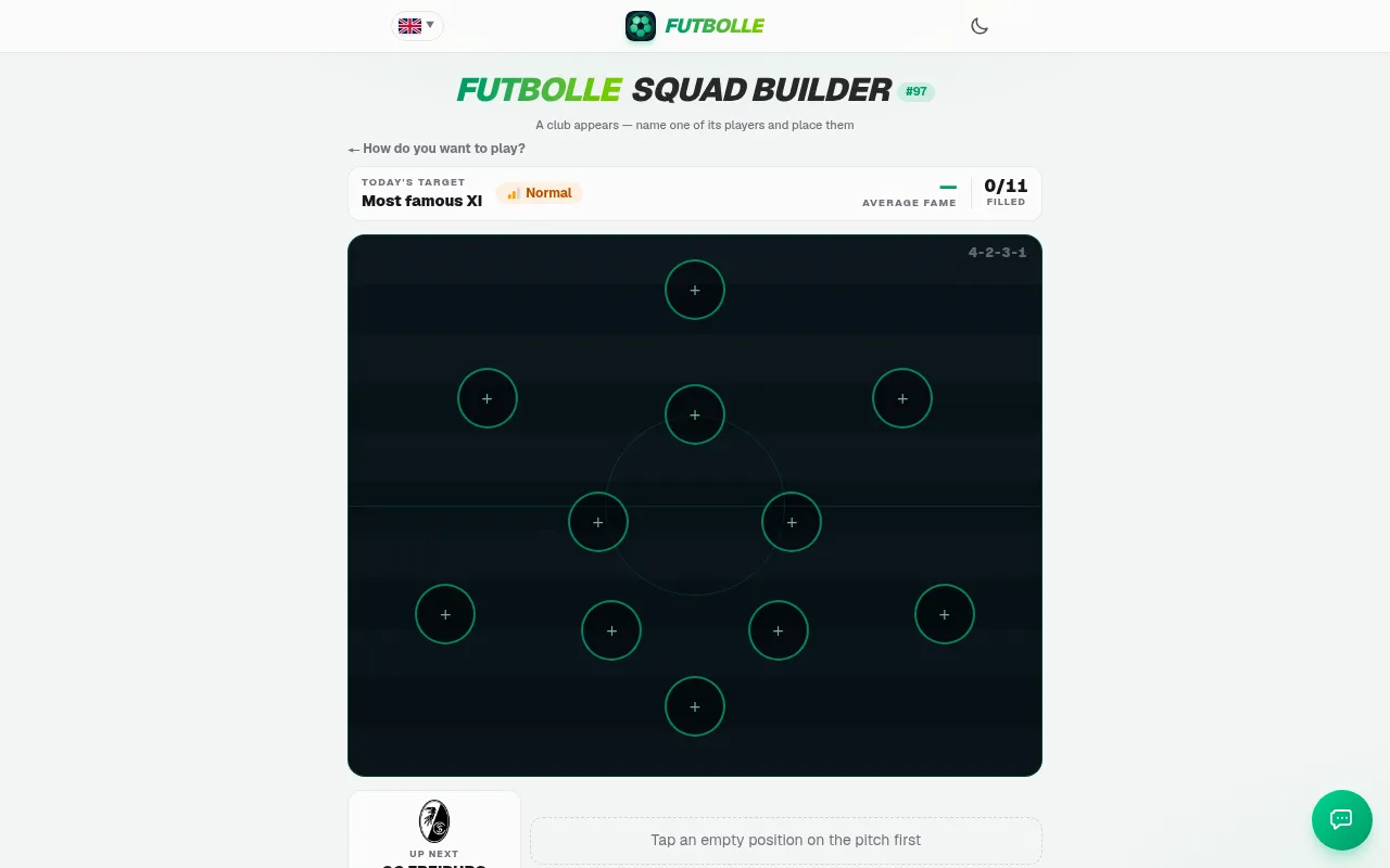 Today's board: Squad Builder #97 on Normal, target Most famous XI, an empty 4-2-3-1 pitch with SC Freiburg up next