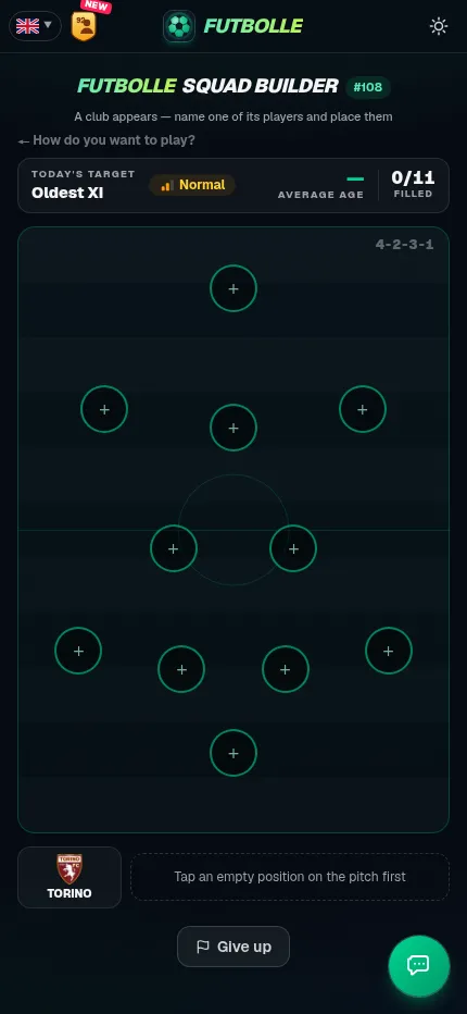 Squad Builder #108 at phone size: the Oldest XI target, an empty 4-2-3-1 pitch and Torino as the first club