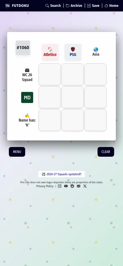 Futdoku grid #1060 at phone size: the same 3x3 board of Atletico, PSG and Asia against WC 26 Squad, MD and name has K, with Menu and Clear buttons below