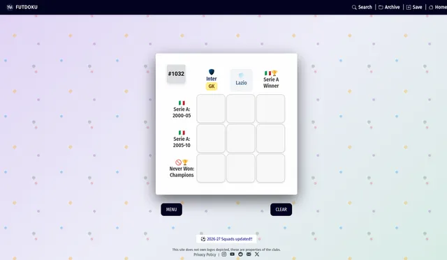 Futdoku grid #1032: a 3x3 board with Inter goalkeeper, Lazio and Serie A Winner across the top and Serie A 2000-05, Serie A 2005-10 and Never Won Champions down the side