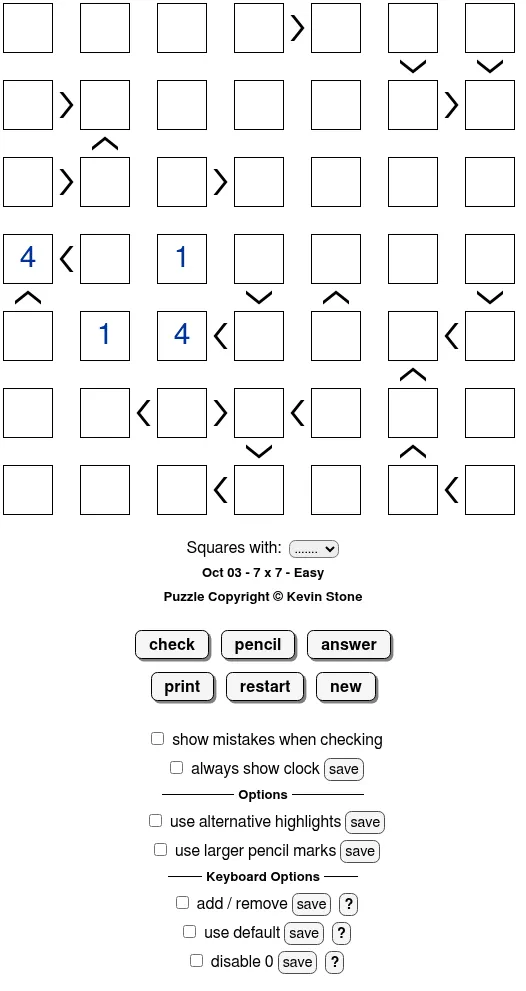 BrainBashers Futoshiki for 3 October, 7x7 Easy: a grid of empty squares with a few given digits and greater-than and less-than signs between them