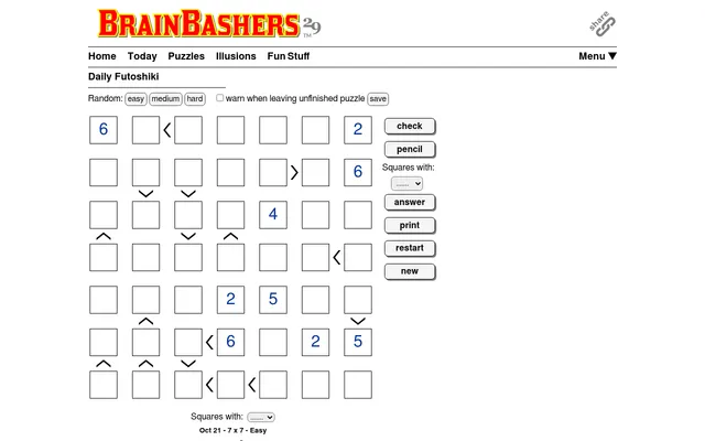 BrainBashers Futoshiki for 21 October 2026, 7x7 Easy, at desktop size: a grid with given digits and less-than and greater-than signs beside the check, pencil and answer buttons