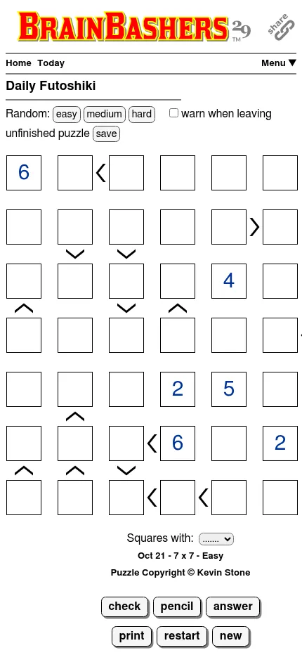 The same 21 October 7x7 Easy Futoshiki on a phone screen: the grid's last column runs past the right edge, with the buttons below