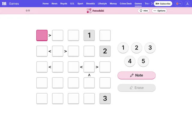 Daily Mail Futoshiki for 7 October 2026 in play: a five by five grid with the given digits 1, 2 and 3 and greater-than and less-than signs between cells, beside a 1 to 5 number pad with Note and Erase